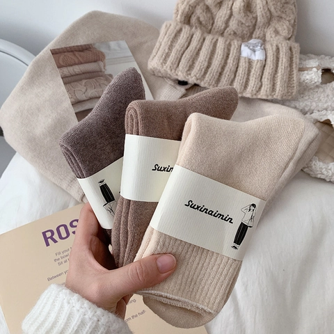 Women Mid Calf Socks Thickened Terry Cotton Warm Winter Thermal Solid Color Ribbed Japanese Style