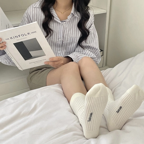 Women Cotton Slouch Socks Breathable Ribbed Knit Mid Calf Casual Solid Color Soft Sweat Absorbent Fashion Hosiery