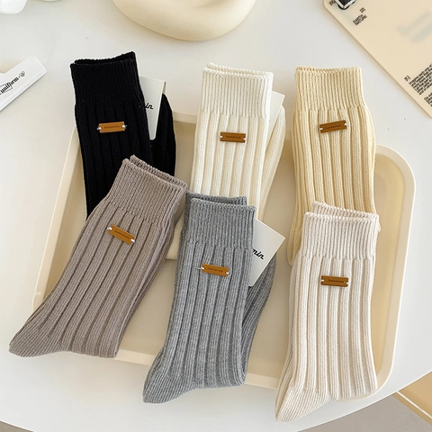 Women Slouch Crew Socks Combed Cotton Ribbed Knit With Retro Leather Patch Korean Style Minimalist Casual Hosiery