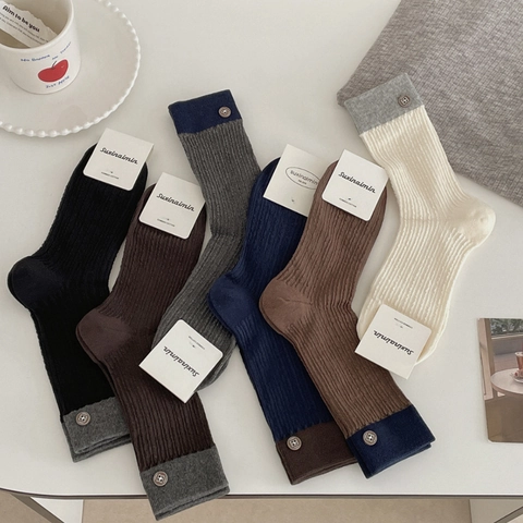 Calze Slouch Da Donna Cotone Pettinato Maglia A Costine Bordo A Contrasto Bottone Decorativo Stile Giapponese Retrò