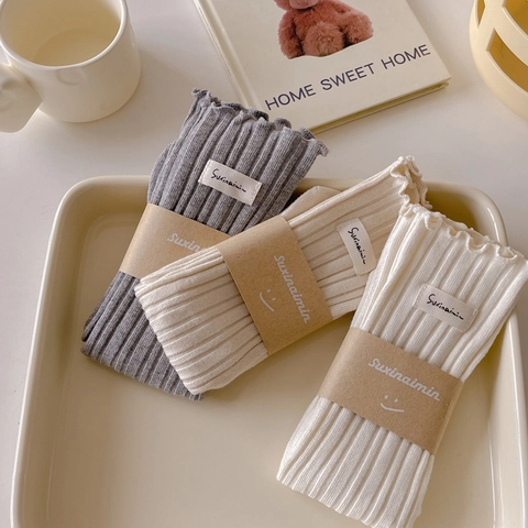 Women Mid-Calf Crew Socks Ribbed Cotton Ruffled Edge Slouchy Sweet Japanese Style Soft Breathable Solid Color