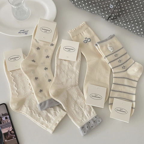 Women Cotton Slouch Crew Socks Japanese Kawaii Cherry Cat Star Embroidery Ruffle Frill Cuff Soft Breathable Hosiery