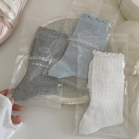 Chaussettes En Maille Ajourée Pour Femmes En Coton Respirant Bordure En Dentelle Festonnée Style Japonais Doux