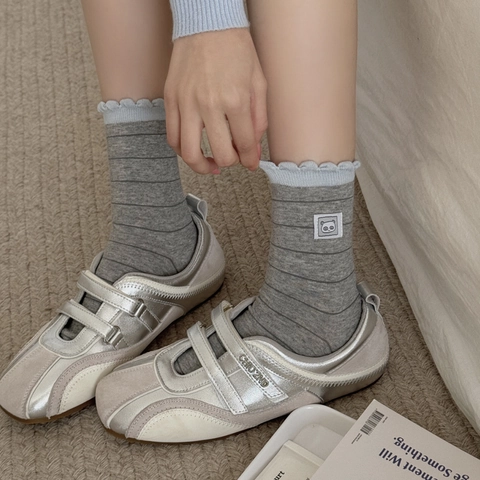 Japanese Style Striped Crew Socks For Women Cotton Kawaii Panda Patch Lettuce Edge Bubble Cuff Breathable Casual