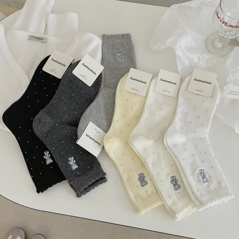 Mid Calf Socks Combed Cotton Bear Rabbit Embroidery Polka Dot Pattern Scalloped Ruffle Cuffs Sweet Kawaii Japanese Style Women