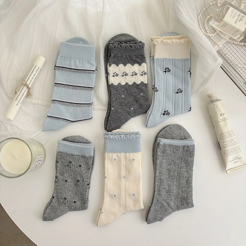 Women Mid Tube Slouch Socks Cotton Floral Polka Dot Lace Trim Ruffle Breathable Japanese Style Vintage Morandi Colors