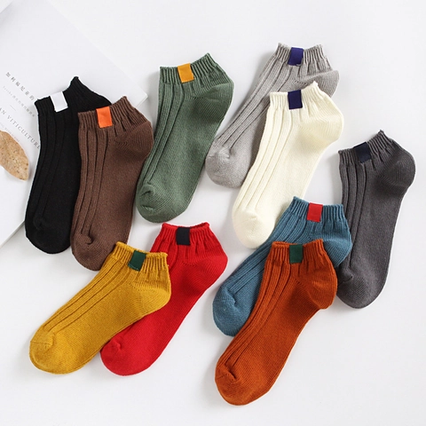 Women Ankle Socks Cotton Ribbed Knit Low Cut Short Breathable Solid Color With Contrast Label Fashion Casual