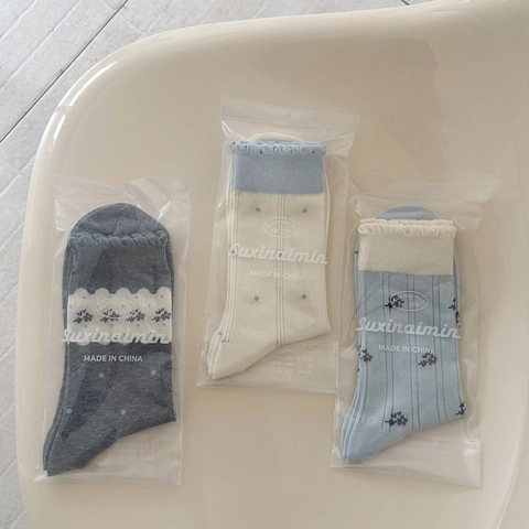 Women Mid Tube Slouch Socks Cotton Floral Polka Dot Lace Trim Ruffle Breathable Japanese Style Vintage Morandi Colors