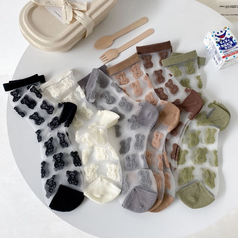 Damen Crew Socken Durchsichtiges Netz GlasSatin Beflocktes Bärenmuster Transparent Atmungsaktiv Japanischer Kawaii JK Stil