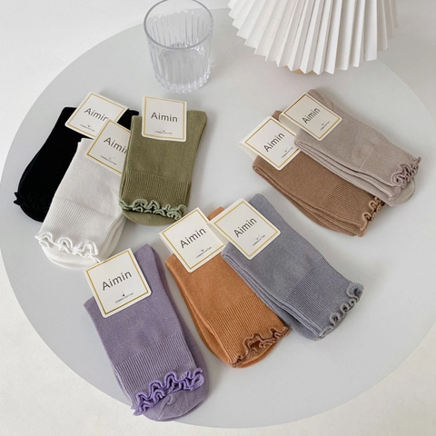 Calcetines Media Pierna Mujer Algodón Peinado Borde Con Volantes Acanalado Color Sólido Estilo Japonés Suave