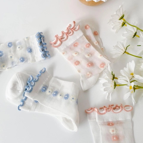 Women Mid-Calf Crew Socks Sheer Mesh Floral Embroidery Ruffle Cuff Sweet Japanese Style Breathable Thin