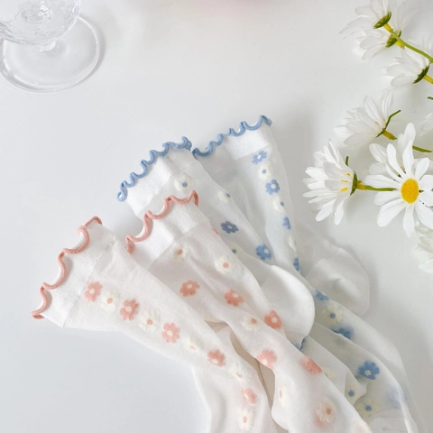 Women Mid-Calf Crew Socks Sheer Mesh Floral Embroidery Ruffle Cuff Sweet Japanese Style Breathable Thin