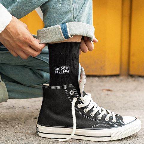 Calze Crew Da Uomo Cotone Pettinato Maglia A Costine Ricamo Lettere Strisce Verticali Traspirante Casual Streetwear Unisex