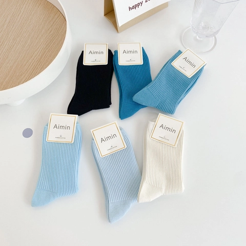 Ribbed Slouch Socks Combed Cotton Mid Calf Breathable Japanese Style Soft Solid Color For Women Students