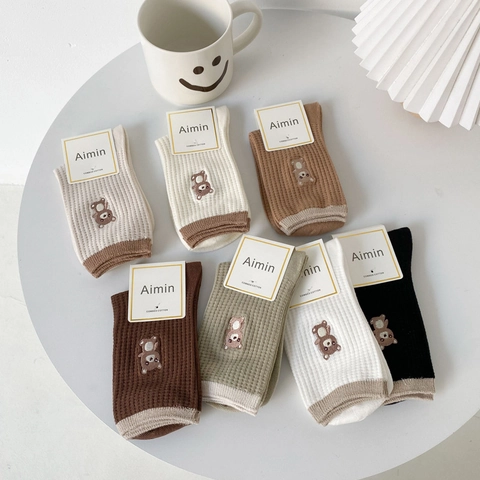 Women Combed Cotton Mid Calf Socks With Bear Embroidery Ribbed Contrast Color Cute Japanese Style Casual Socks
