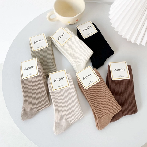 Damen Crew Socken Gekämmte Baumwolle Gerippt Vertikale Streifen Atmungsaktiv Einfarbig Japanischer Stil Retro