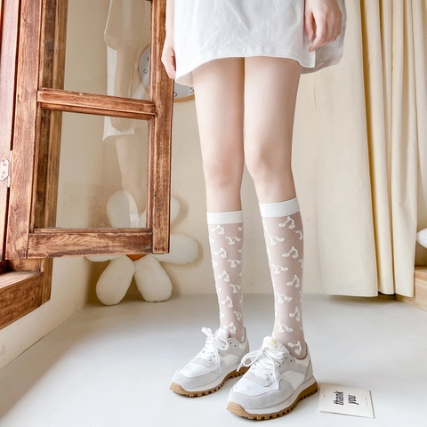 Chaussettes Mollet Lolita Motif Cerise Jacquard Transparent Respirant Talon Pointe Renforcés Style Japonais Doux