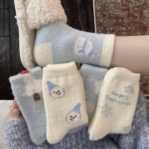 Calze Termiche Donna Velluto Australiano Ispessito Caldo Casa Sonno Simpatico Cartone Animato Pupazzo Di Neve Albero Di Natale