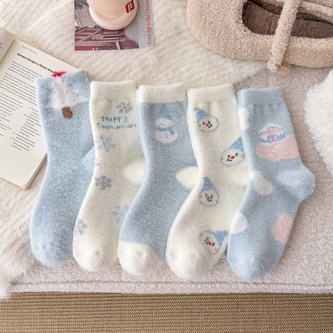 Calze Termiche Donna Velluto Australiano Ispessito Caldo Casa Sonno Simpatico Cartone Animato Pupazzo Di Neve Albero Di Natale