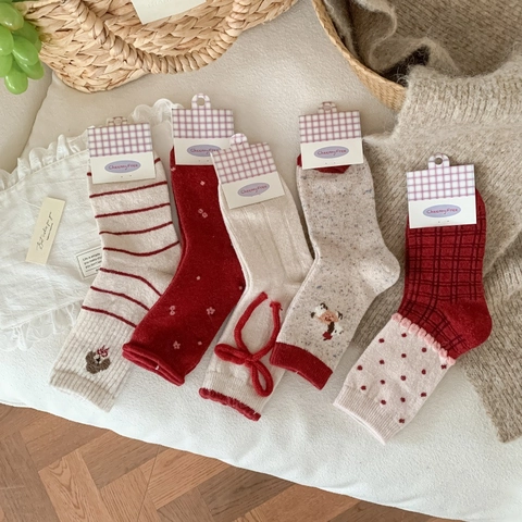 Women Mid Calf Socks Wool Blend Thickened Warm Winter Cartoon Dog Bow Design Cute Fashion Casual Soft