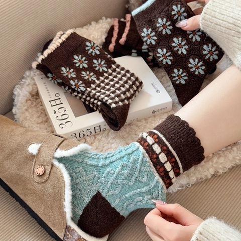 Chaussettes Mi-Mollet En Mélange De Laine À Fleurs Vintage Pour Femmes Hiver Chaud Épais Thermique Maillard Marron Motif Éthnique