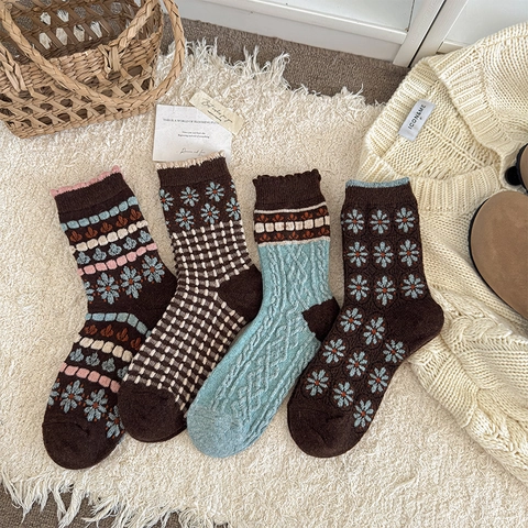 Chaussettes Mi-Mollet En Mélange De Laine À Fleurs Vintage Pour Femmes Hiver Chaud Épais Thermique Maillard Marron Motif Éthnique