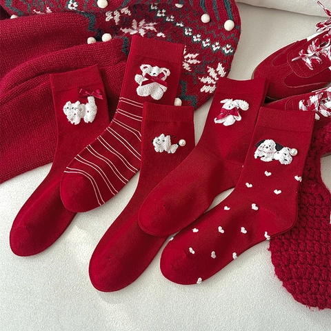 Süße Rote Wadenhohe Socken Baumwolle 3D Plüsch Cartoon Tier Bär Hase Schleife Künstliche Perle Winter Festlich Für Damen