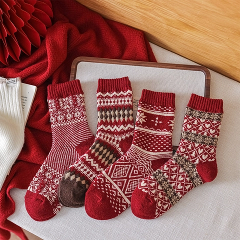 Calze Invernali Da Donna Misto Lana Spesse Calde Natale Nordico Fair Isle Motivo Vintage Capodanno