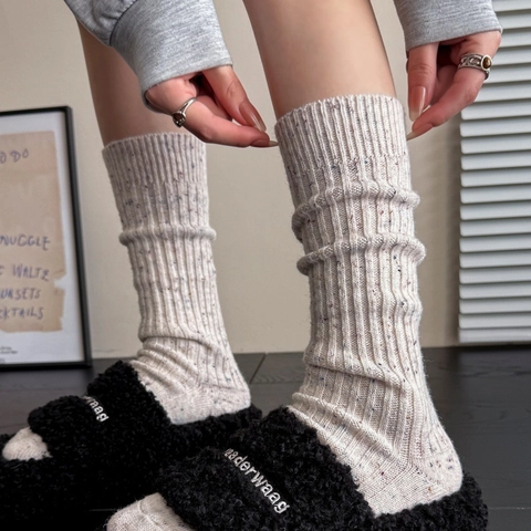 Damen Slouch Socken Wollmischung Dick Warm Gesprenkelt Gerippt Wadenlang Vintage Winter Strumpfwaren