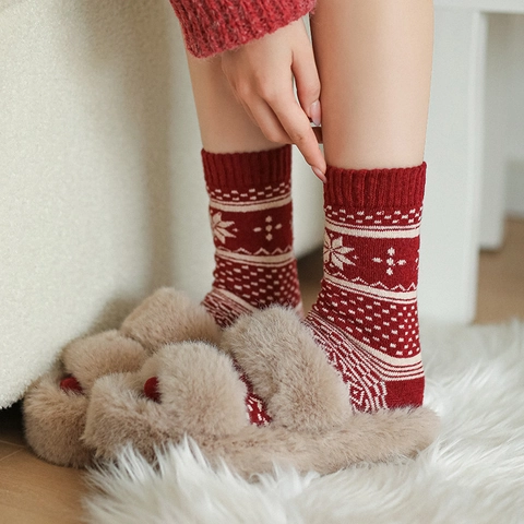 Calze Invernali Da Donna Misto Lana Spesse Calde Natale Nordico Fair Isle Motivo Vintage Capodanno