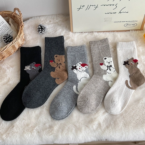 Women Wool Blend Mid Calf Socks Warm Thick Knitted Cartoon Animal Bear Cat Heart Pattern Japanese Style Cute Winter
