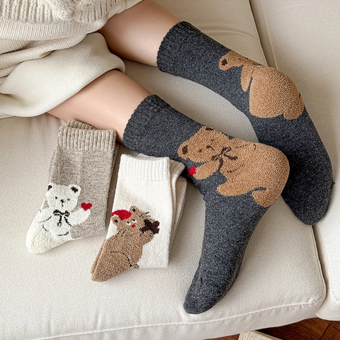 Women Wool Blend Mid Calf Socks Warm Thick Knitted Cartoon Animal Bear Cat Heart Pattern Japanese Style Cute Winter