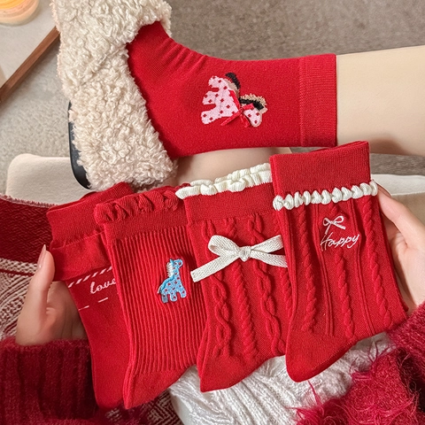 Women Red Mid Calf Socks Cotton Cartoon Pony Giraffe Embroidery 3D Bow Ruffle Edge Festive Sweet Hosiery