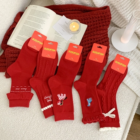 Women Red Mid Calf Socks Cotton Cartoon Pony Giraffe Embroidery 3D Bow Ruffle Edge Festive Sweet Hosiery