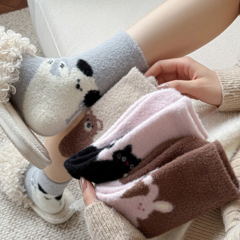Calze Pelose Ispessite Inverno Donna Motivo Animale Cartone Animato Calde Morbide Termiche
