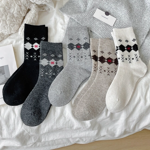 Vintage Argyle Wadenlange Socken Für Damen Wollmischung Strick Dick Warm Winter Schneeflockenmuster Britischer Stil