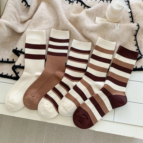 Calze Al Polpaccio A Righe Da Donna In Maglia A Costine Di Viscosa Calda Stile Giapponese Casual Autunno Inverno
