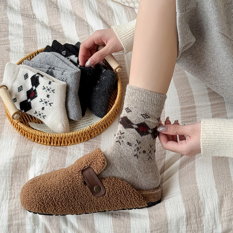 Vintage Argyle Wadenlange Socken Für Damen Wollmischung Strick Dick Warm Winter Schneeflockenmuster Britischer Stil