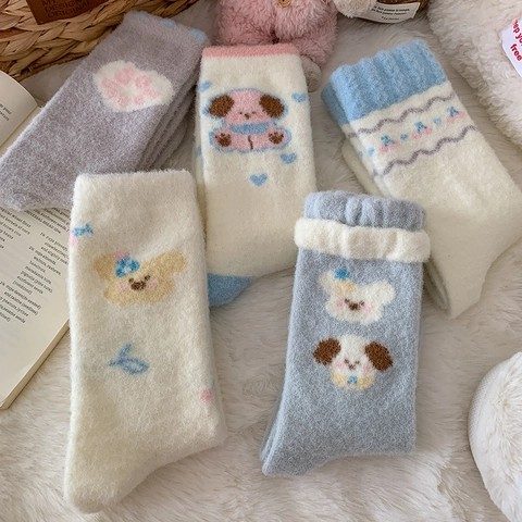 Soft Plush Mid Calf Socks Austrian Fleece Warm Winter Cartoon Puppy Bear Heart Pattern Women Home Sleep Wear