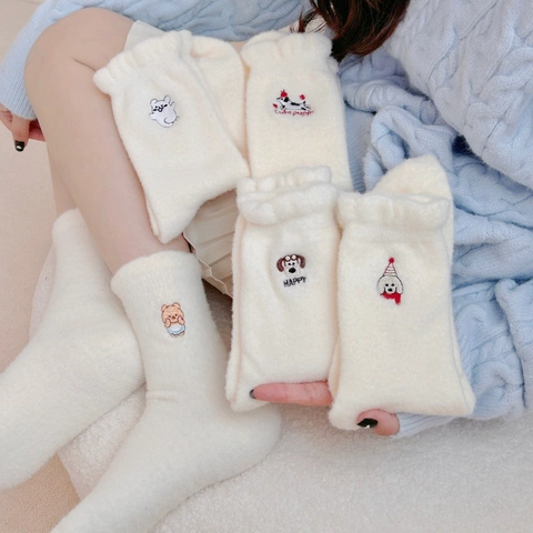Women Plush Fleece Mid Calf Socks Thickened Warm Winter Ruffle Cuff Cartoon Animal Embroidery Kawaii Sleep Hosiery