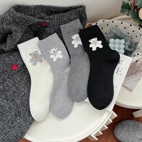 Damen Crew Socken Wollmischung Verdickt Warm Winter Süß Cartoon Bär Stickerei Schleife Dekor Weich Nahtlos