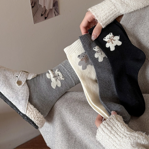 Damen Crew Socken Wollmischung Verdickt Warm Winter Süß Cartoon Bär Stickerei Schleife Dekor Weich Nahtlos