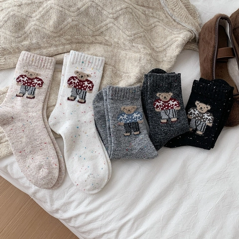 Women Crew Socks Wool Blend Thickened Warm Winter Cartoon Bear Embroidery Colorful Nep Yarn Knit Soft Comfortable