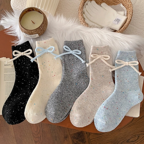 Calze Metà Polpaccio Donna Misto Lana Filato Coriandoli Spesse Calde Inverno Fiocco Dolce Stile Coreano Moda Ragazze