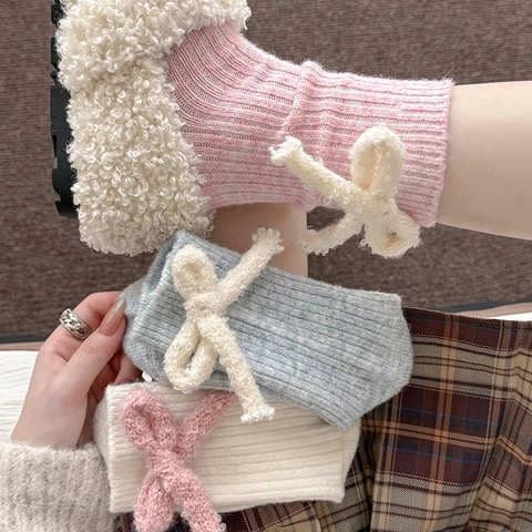 Damen Wadenstrümpfe Wollmischung Gerippt Plüschschleife Dekor Warm Weich Winter Strumpfwaren