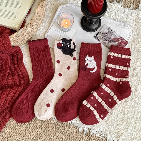 Women Wool Blend Crew Socks Cartoon Cat Pattern Polka Dot Striped Ruffle Cuff Warm Winter Autumn Knit Casual Hosiery