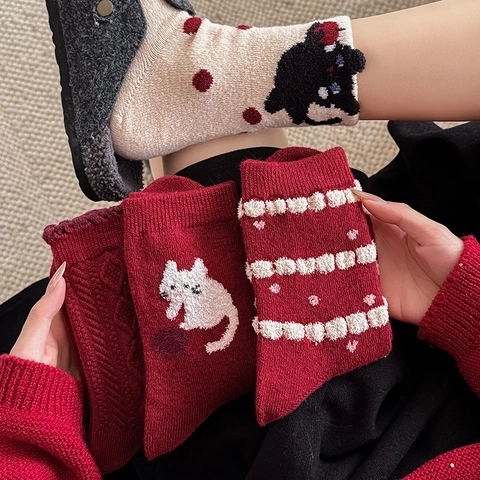 Women Wool Blend Crew Socks Cartoon Cat Pattern Polka Dot Striped Ruffle Cuff Warm Winter Autumn Knit Casual Hosiery