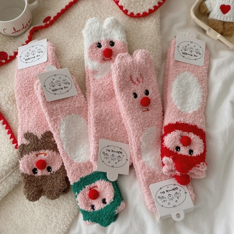 Coral Fleece Mid Calf Socks Thickened Warm Indoor Floor Sleeping Socks Cartoon Animal Reindeer 3D Red Nose Plush Women