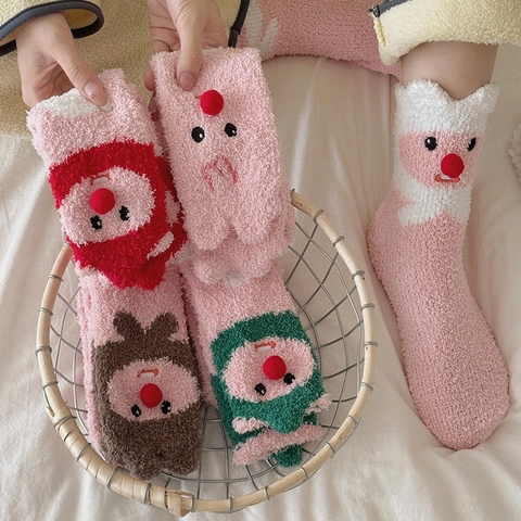 Coral Fleece Mid Calf Socks Thickened Warm Indoor Floor Sleeping Socks Cartoon Animal Reindeer 3D Red Nose Plush Women