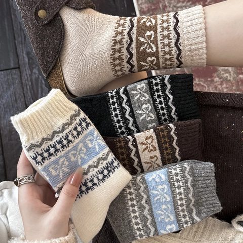 Damen Wadenlange Socken Wollmischung Dick Warm Winter Retro Fair Isle Schleifenmuster Gestrickt Elegant